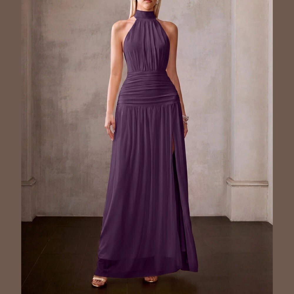 Deep Purple Mesh Halter Neck Ruched Waist Maxi Dress with Slit